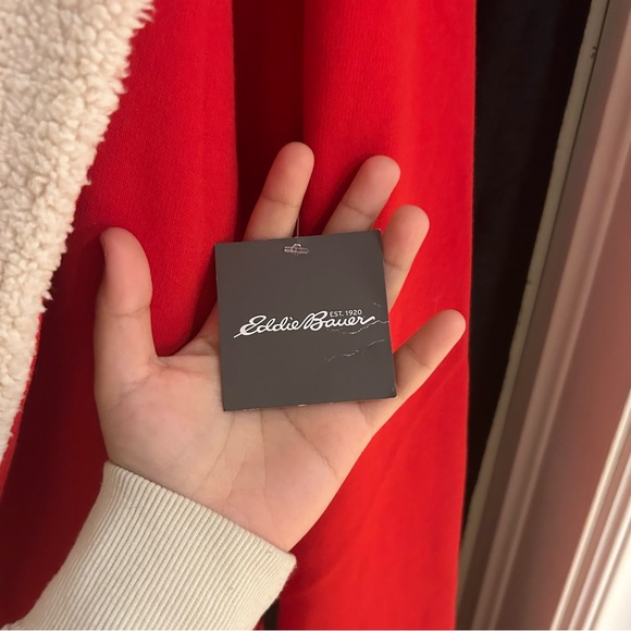 Eddie Bauer Sherpa Cardigan Womens Size S Red Open Sweater Fleece Coat - Picture 2 of 5